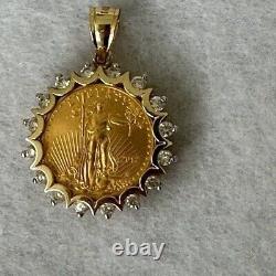 14K Yellow Gold Plated Lady Liberty 5 Dollar Coin and Diamond Pendant, 2ct