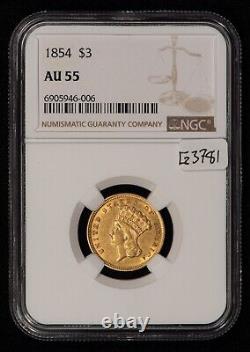 1854 $3 Indian Princess Head Three Dollar Gold Piece Luster NGC AU55 G3781