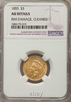 1855 Three Dollar Indian Gold Coin $3 Certified NGC AU Details