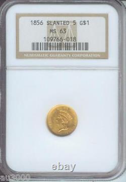 1856 slanted 5 GOLD DOLLAR $1 Type 3 G$1 NGC MS63 MS-63 Older Holder