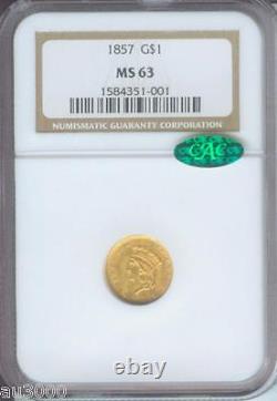 1857 $1 GOLD DOLLAR Type 3 G$1 NGC MS-63 MS63 CAC