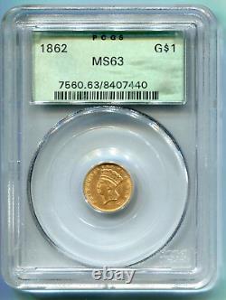 1862 $1 Gold Dollar G$1 PCGS MS63 MS-63 Civil War OGH GREEN HOLDER OGH P. Q