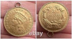 1868 US $3 Dollars Gold Coin Indian Princess Head KM#? 84 HAS Jewelry BAIL