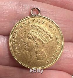 1868 US $3 Dollars Gold Coin Indian Princess Head KM#? 84 HAS Jewelry BAIL