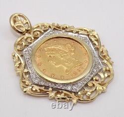 1897 5 Five Dollar Gold Coin 14K Yellow White Gold 0.30ctw Diamond Pendant FZZ