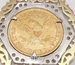 1897 5 Five Dollar Gold Coin 14K Yellow White Gold 0.30ctw Diamond Pendant FZZ