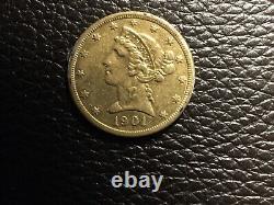 1901 S 5.00 dollar liberty gold coin decent condition but previously mounted