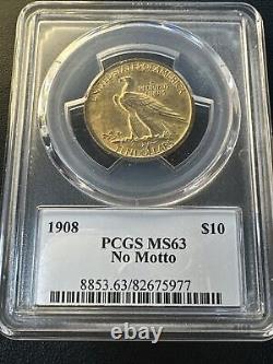 1908 P NO MOTTO Indian Head Gold Coin $10 Dollars MS63 PCGS Stunning Original