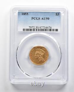 AU50 1855 $3 Indian Princess Head Gold Three Dollar Piece PCGS 9792