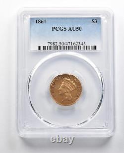 AU50 1861 $3 Indian Princess Head Gold Three Dollar Piece PCGS 9819