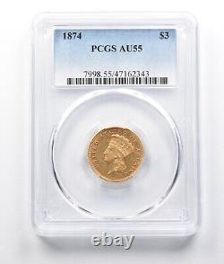 AU55 1874 $3 Indian Princess Head Gold Three Dollar Piece PCGS 8114
