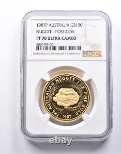 PF70 UCAM 1987 P Australia 100 Gold Dollars 1 Oz Nugget Poseidon NGC 1493