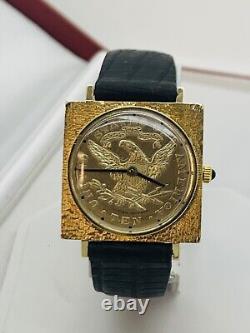 Vintage Lucien Piccard $10 Ten Dollar US Coin 14K Gold Watch Leather SERVICED
